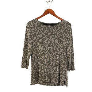 Chico’s Travelers Gray Paisley 3/4 Sleeve Tunic Top Sz Medium